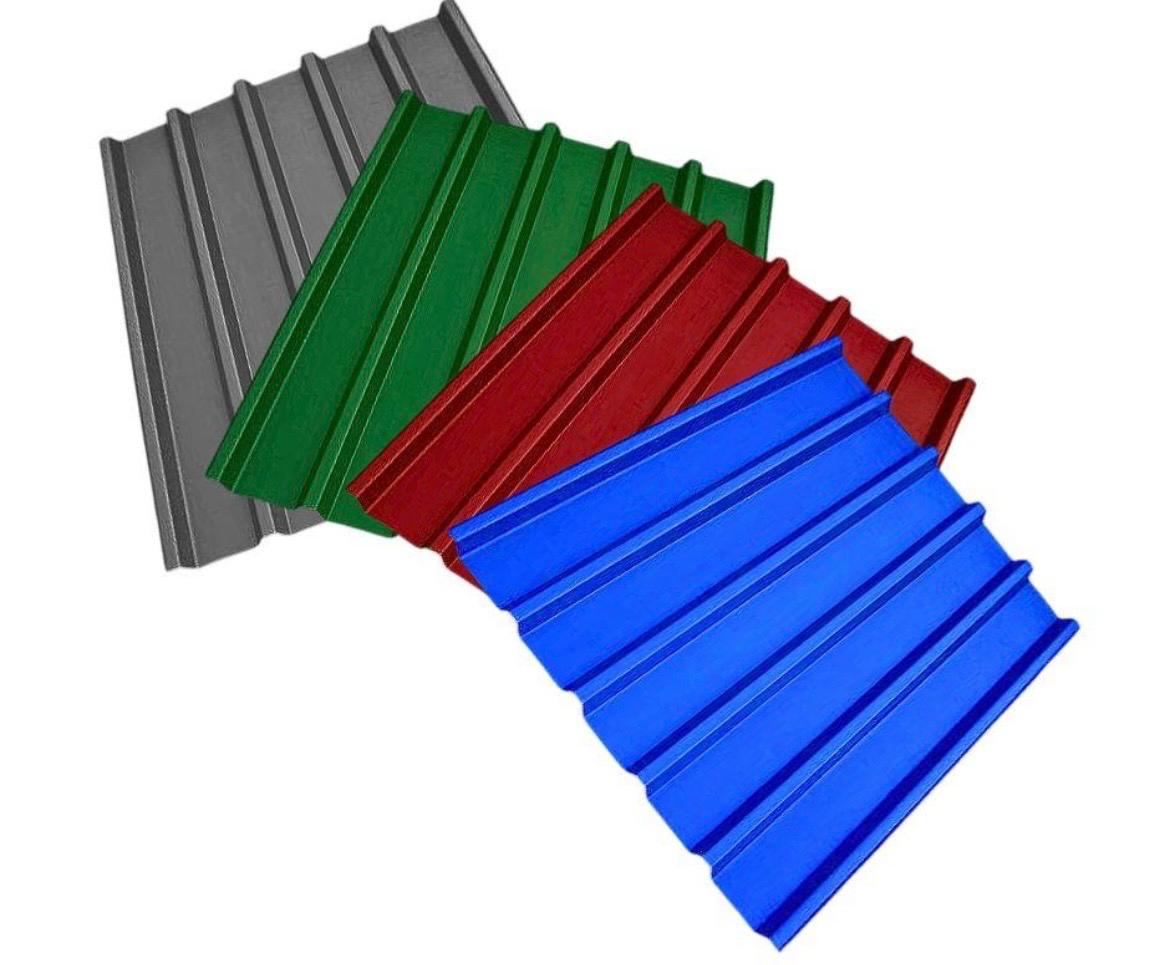 Fan of grey, green, red and blue widespan roof sheets