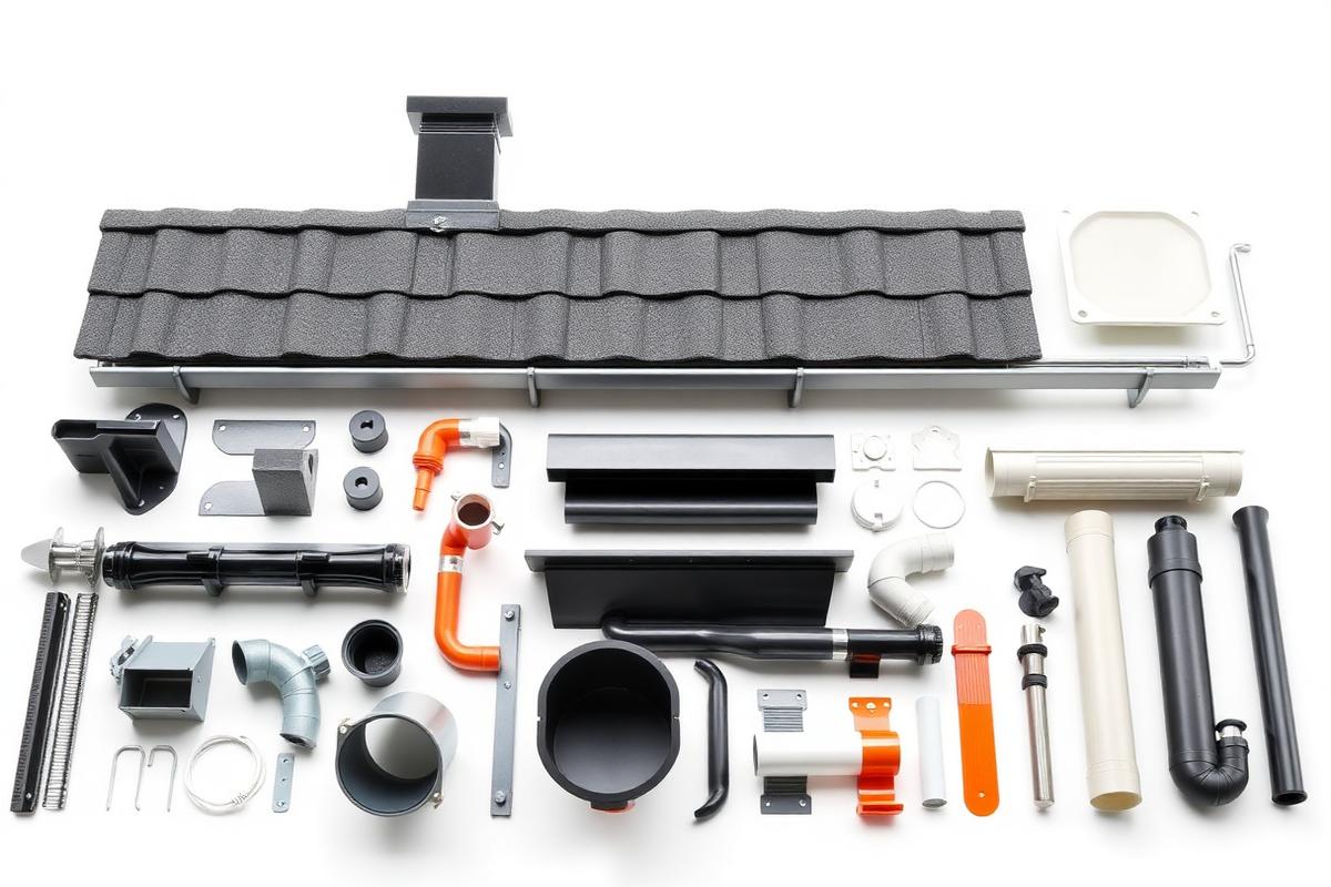 Roofing accessories including ridge caps, flashings, gutters and fasteners